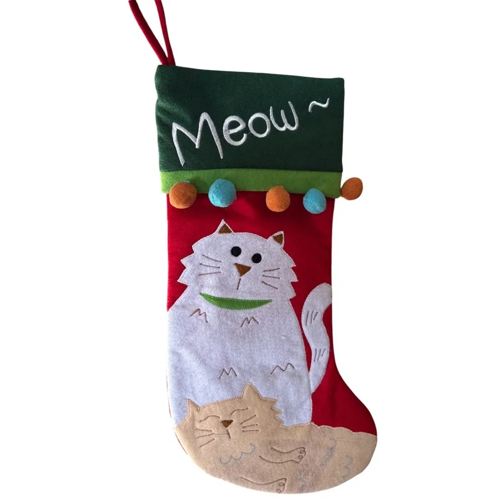 Jo-Ann Stores Cat Pet Christmas Stocking Meow Felt Applique Pom Poms Red Green‎